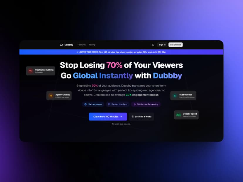 Dubbby - AI-powered video dubbing platform landing page with interactive demo and waitlist signup