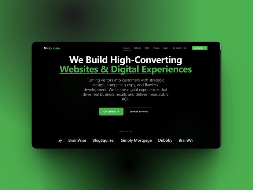 Midori - Professional web development agency portfolio showcasing expertise in React and Next.js