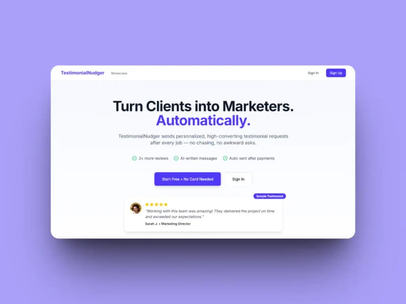Testimonial Nudger - SaaS platform website for automated customer testimonial collection and management